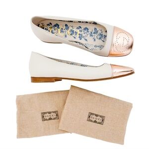 Gucci Hills GG Logo Cap Toe Marmont Ballet Flats Ivory White Pink Rose Gold 38